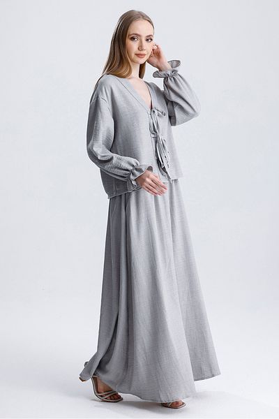 MD trend Women's Elastic Waist Pocket Bell Skirt and Tie-Up Blouse Double Linen Set