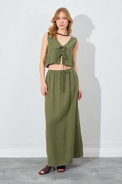 TENA Women's Khaki Lacing Blouse Long Skirt Muslin Suit