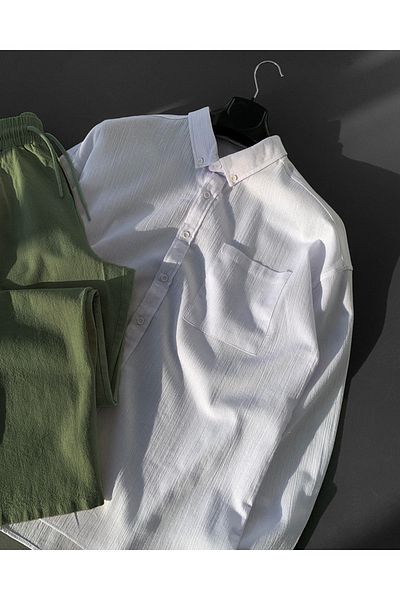 NO1 KONSEPT Oversize Linen White Shirt Khaki Trousers Set