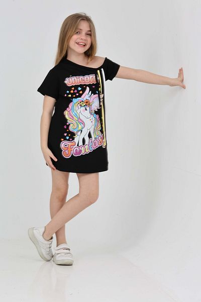 LupiaKids Unicorn Printed Girl's Dress - Black Summer Comfortable Dress with Shoulder Detail
