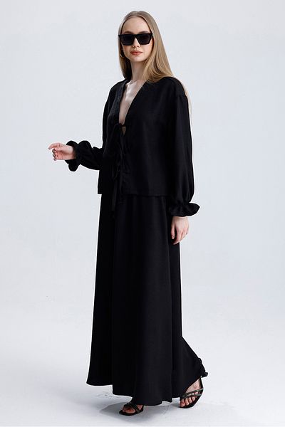 MD trend Women's Elastic Waist Pocket Bell Skirt and Tie-Up Blouse Double Linen Set