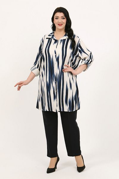 By Alba Collection Women's Indigo Patterned Cotton Viscose Large Size Tunic