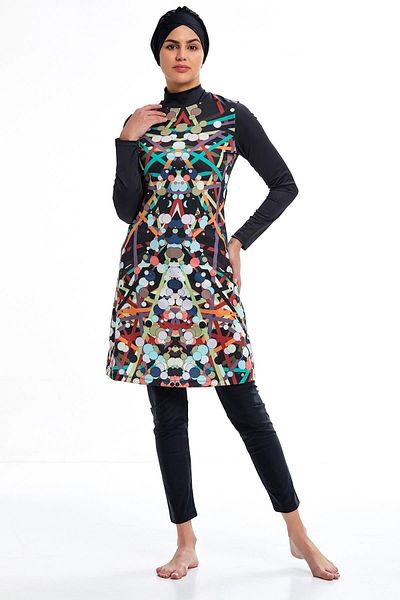 Elit Black Color Mixed Pattern Lycra Full Covered Hijab Swimsuit with Long Sleeve Tights