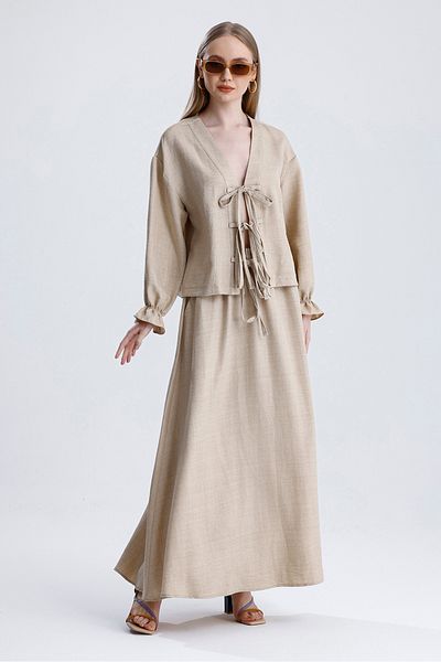 MD trend Women's Elastic Waist Pocket Bell Skirt and Tie-Up Blouse Double Linen Set