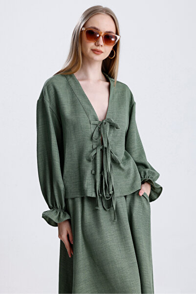 MD trend Women's Elastic Waist Pocket Bell Skirt and Tie-Up Blouse Double Linen Set