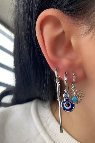 CAŞ DEKORASYON Silver Color Eye Figured Earrings Set of 3
