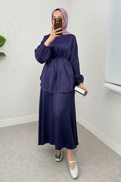 Salih Çelebi Satin Skirt Suit 2283 - Dark Blue