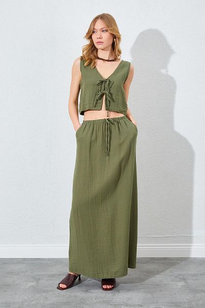 TENA Women's Khaki Lacing Blouse Long Skirt Muslin Suit