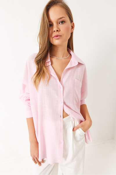 Bianco Lucci Women's Single Pocket Cotton Viscose Oversize Basic Shirt 4756 60261396