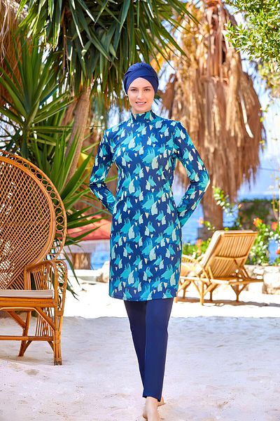 Elit Costum de baie Hijab acoperit complet din Lycra cu model albastru bleumarin 9203