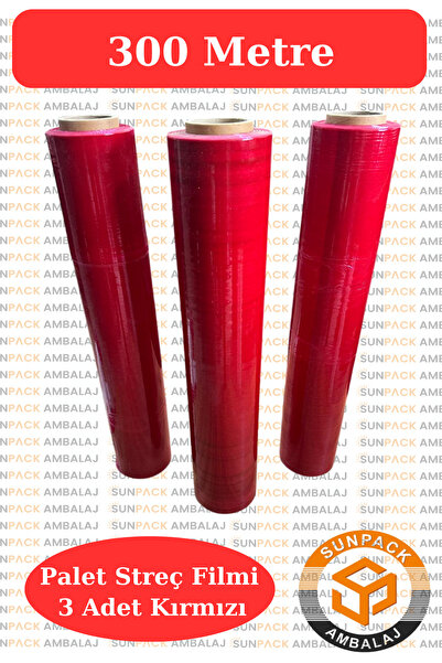 sunpack ambalaj Kırmızı Palet Streç Filmi 50cm x 300m - 23 Mikron, 3 Adet, Da...
