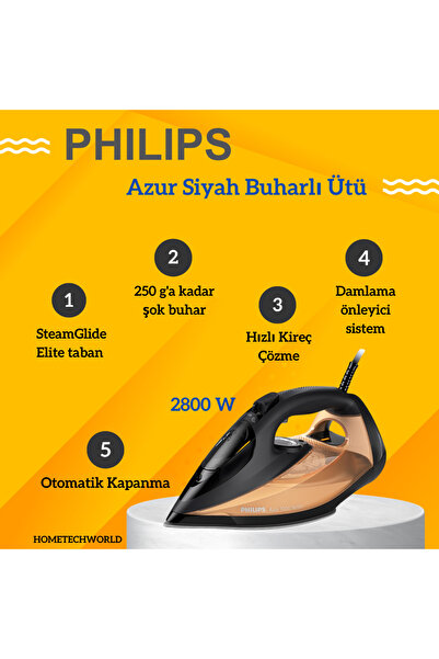 Philips Azur 2800W Siyah/gold Buharlı Ütü