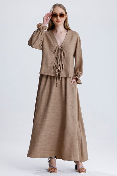 MD trend Women's Elastic Waist Pocket Bell Skirt and Tie-Up Blouse Double Linen Set
