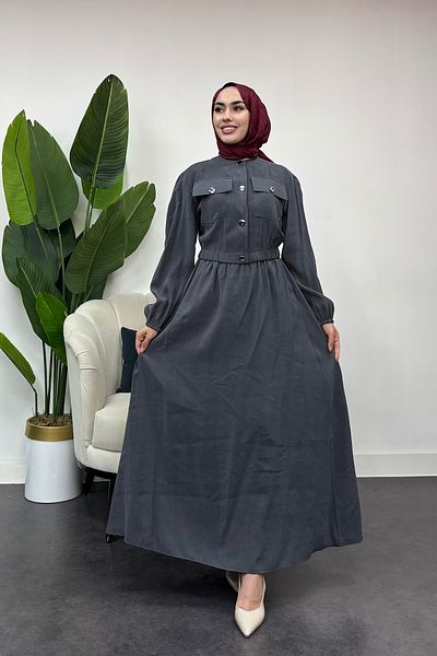 Tesettür Diyarı Women's Button Detailed Two-Piece Suit - Anthracite