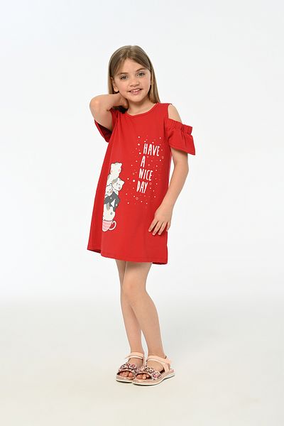 LupiaKids Cat Printed Girl's Dress - Red Shoulder Detailed Summer Comfortable Dress