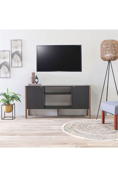 Danube Home وحدة تلفزيون تارسوس لأجهزة التلفزيون حتى 55 بوصة مع مساحة تخزين - أسود/جوزي الطول 134 × العرض 35 × الارتفاع 69 سم