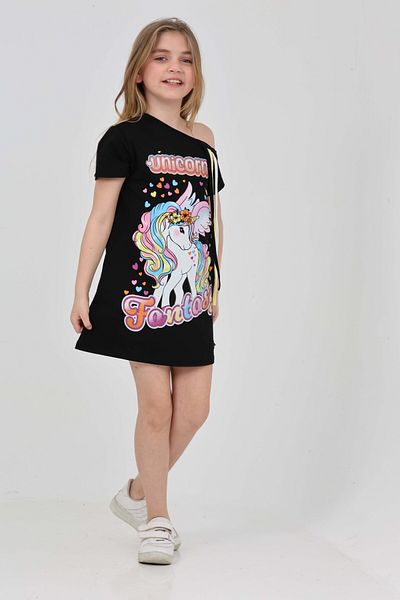 LupiaKids Unicorn Printed Girl's Dress - Black Summer Comfortable Dress with Shoulder Detail