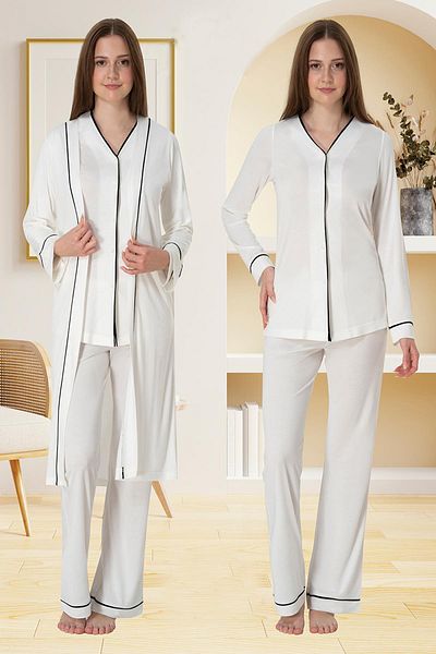 lohusahamile Piping Front Buttoned Maternity Pajamas and Dressing Gown Set