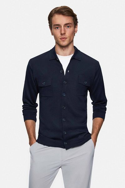 D'S Damat Regular Fit Navy Blue Plain Knitted Wool Blend Cardigan