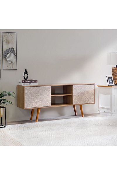Danube Home رف تلفزيون نيرون حتى ٥٥ بوصة - لون اللوز/الروطان، الطول ١٣٦ سم × العرض ٣٣ سم × الارتفاع ٦٠ سم
