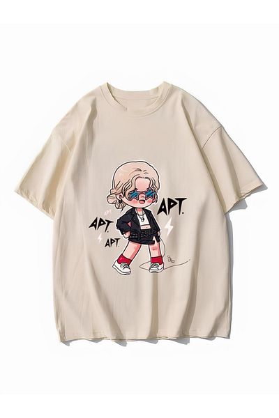 Minga London Rose & Bruno Mars APT Song Μπροστινό/Πίσω Μπλουζάκι με στάμπα Oversize Beige -Mingalondon