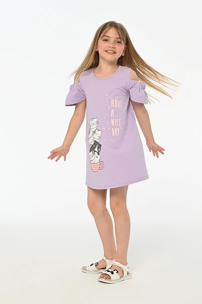 LupiaKids Cat Printed Girl's Dress - 100% Cotton - Lilac Short Sleeve Summer Dress