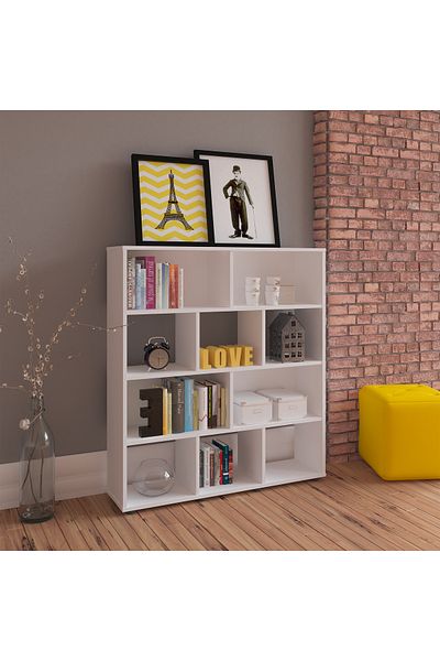 pilati Modern Wooden Bookshelf Organizer and Decorative Holder for Living Room and Home, White, 109x91x25