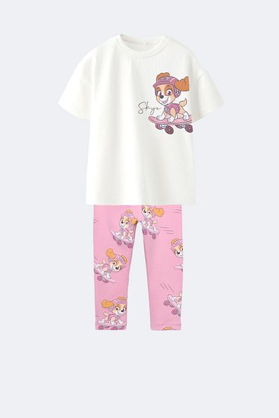 Monila Cotton Fabric Paw Patrol Printed T-Shirt and Ribbed Leggings Top and Bottom Set