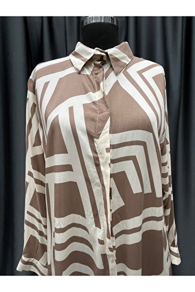 MODA Vizon Krem Desenli Viskon Battal Boy Tunik