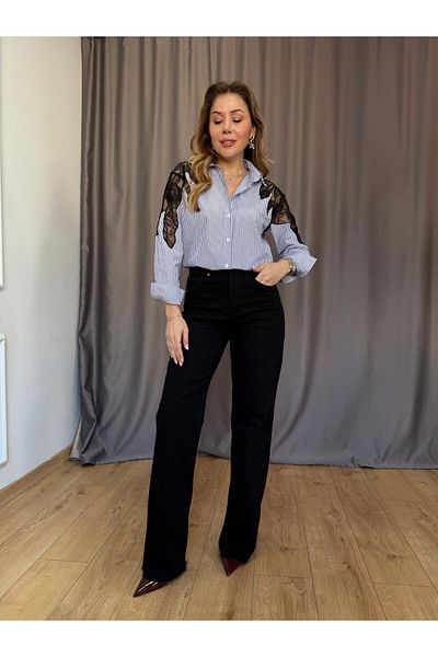 CEYDA AYAZ Blue Striped Lace Detailed Shirt