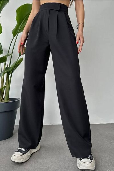 db didem butik Women's High Waist Elastic Waist Velcro Palazzo Pants Plaszo Spanish Wide Leg Fabric Pants