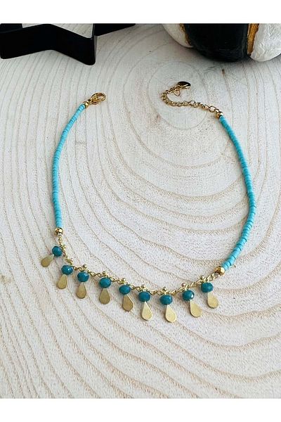 ACAR TAKI Gold Color Turquoise Beaded Steel Anklet 22 5 cm Acr1544