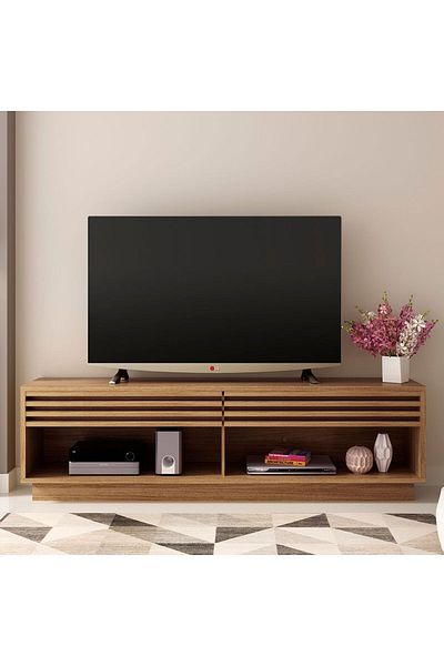 Danube Home وحدة تلفزيون إيستون مع درجين حتى 60 بوصة - بني، الطول 200 سم × العرض 36 سم × الارتفاع 59 سم