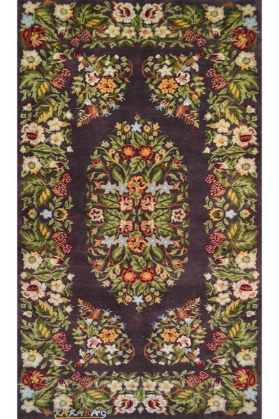 Handmade El Dokuma Kahverengi Renk ve Çiçek Desenli Karabağ Halısı 77x158 cm ...