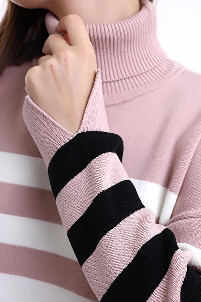 Irmak Kerekli Ροζ-Εκρού Μαύρο Ριγέ Γυναικείο Πλεκτό Τούνικ 1416