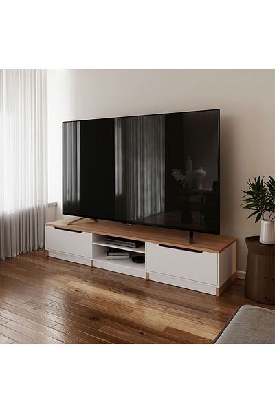 Danube Home وحدة تلفزيون كبيرة من رويان مع درجين حتى 98 بوصة - بني فاتح/أبيض، الطول 230 × العرض 55 × الارتفاع 43 سم