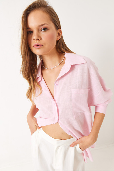 Bianco Lucci Women's Single Pocket Cotton Viscose Oversize Basic Shirt 4756 60261396