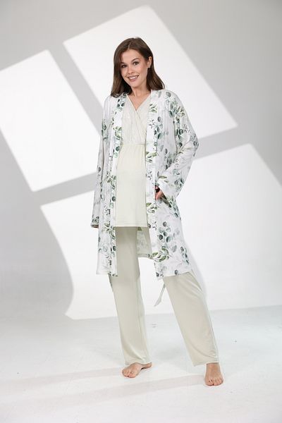 LOHOUSE Green Floral Patterned 3'Lü Pregnant Cooked Pajamas Set Maternity Cruiser for Women