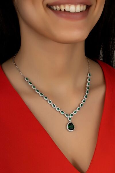 Else Silver Kadın Zümrüt Yol Damla Taşlı Gümüş Gerdanlık