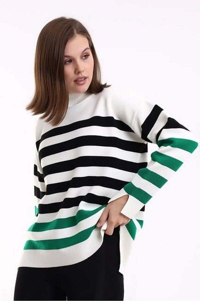 Irmak Kerekli Women's Ecru-Black-Green Striped Turtleneck Knitwear Tunic 1416