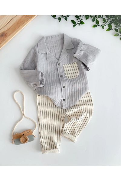 hümabebe Striped Pocket Detailed Jacket Collar Muslin Seasonal 2-Piece Set