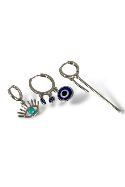 CAŞ DEKORASYON Silver Color Eye Figured Earrings Set of 3