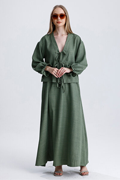 MD trend Women's Elastic Waist Pocket Bell Skirt and Tie-Up Blouse Double Linen Set