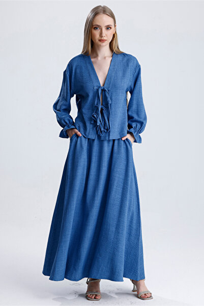 MD trend Women's Elastic Waist Pocket Bell Skirt and Tie-Up Blouse Double Linen Set