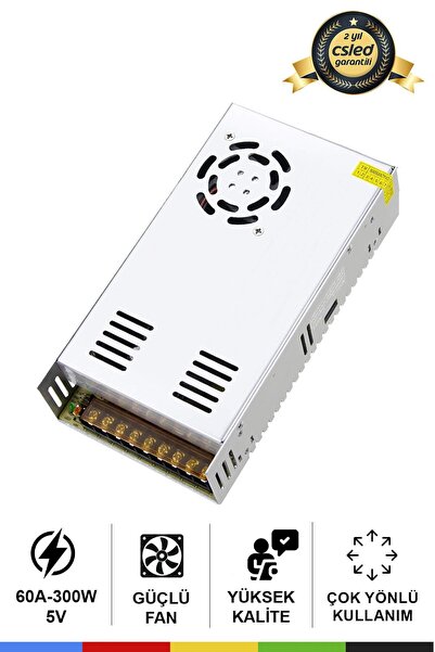 CSled 5V 60A Adaptör – 300W Güç Kaynağı, P10 Kayan Yazı Adaptörü, Fanlı Kalın...
