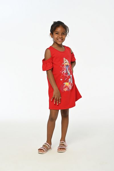 LupiaKids Mermaid Printed Girl's Dress - Red Shoulder Detailed Summer Comfortable Dress