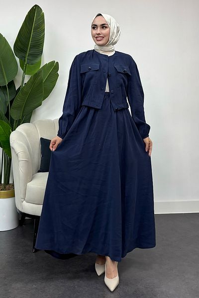 Tesettür Diyarı Women's Button Detailed Two-Piece Suit - Navy Blue