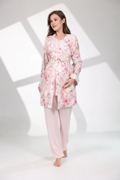 Pelin طقم بيجامة للحوامل مكون من 3 قطع من الدانتيل المنقوش بتفاصيل مسحوق للنساء