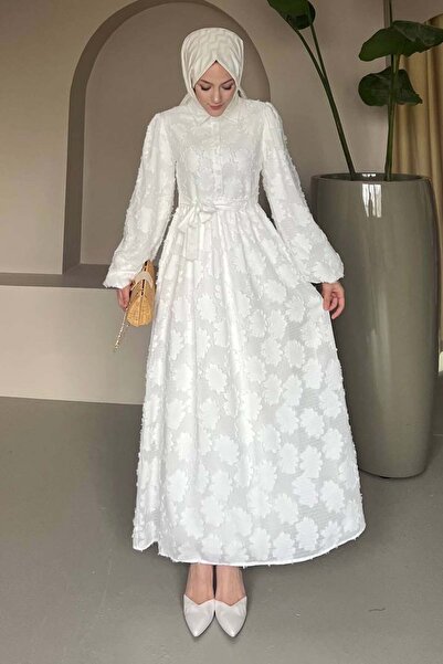 benguen Çiçek Desenli Kesme Şifon Elbise Beyaz 1006-1