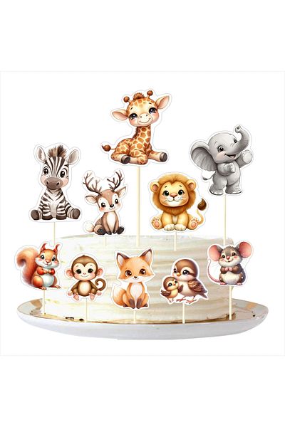 SİYAH PARTİ EVİ Animals Safari Birthday Cake Topper